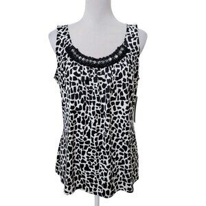 Essentials by Milano Size L Black & White Animal Print Sleeveless Blouse, NEW